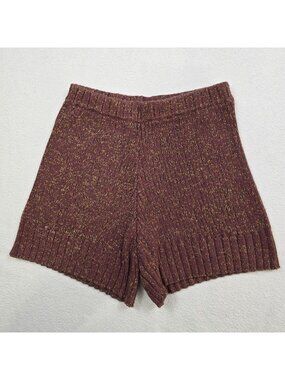 FP Beach Free People M Womens Knit High-Rise Shorts Brown Yellow Ribbed Cotton